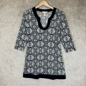 White House Black Market Tunic Womens Small Black White 3/4 Sleeve Stretch-2612*